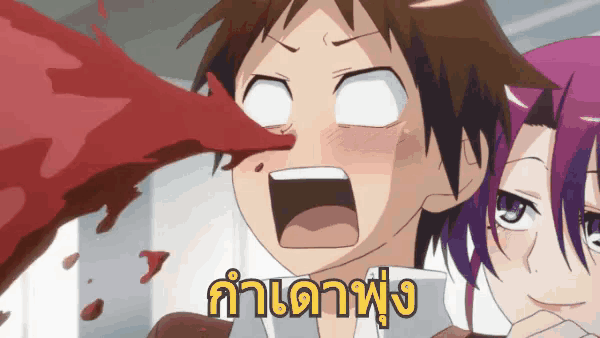 a cartoon of a man with blood coming out of his nose with a foreign language written on the bottom