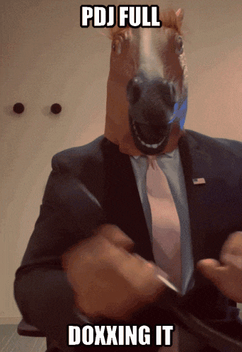 a man wearing a horse mask with the words pdj full doxxing it above him