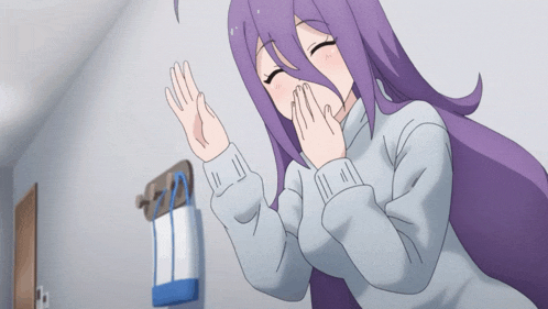 a girl with purple hair is yawning and covering her mouth