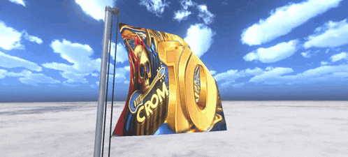 a flag that says crom on it is flying in the wind