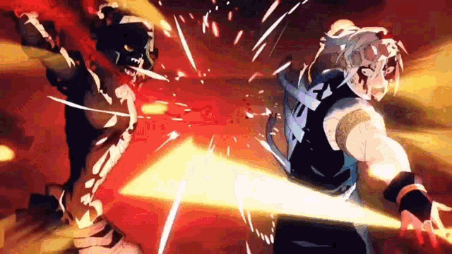 a couple of anime characters are fighting each other with swords in a dark room .