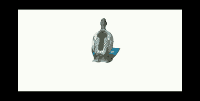 a duck is wearing blue flippers on its feet