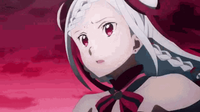a girl with white hair and red eyes is wearing a red cape and a red bow .