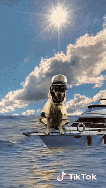 a dog wearing a captain 's hat is sitting on a boat in the water with tiktok written below it
