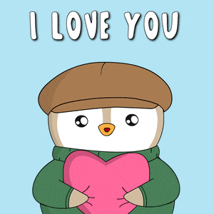 a penguin holding a pink heart with the words i love you below it