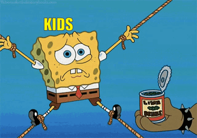 a cartoon of spongebob being tied to a rope with the words kids and mermaids on the bottom