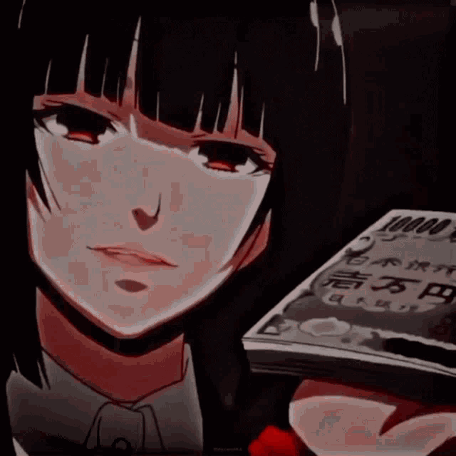 a girl with red eyes and black hair is wearing a white mask .