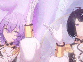 two anime girls with purple hair and white gloves are waving their hands