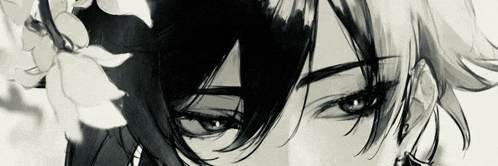a close up of a person 's face with a flower in their hair in a black and white drawing .