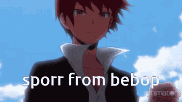 a boy with red hair is standing in front of a blue sky with the words " sporr from bebop " written below him