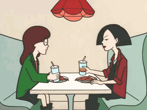 a cartoon of two girls sitting at a table eating pizza and drinking soda