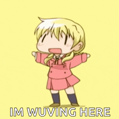 a cartoon of a girl in a pink dress with the words im wuving here below her