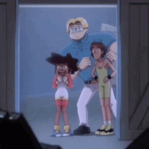 three cartoon characters are standing in a doorway