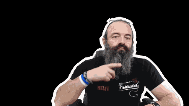 a man with a beard is wearing a black shirt that says staff