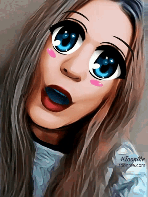 a cartoon drawing of a girl with blue eyes and pink cheeks