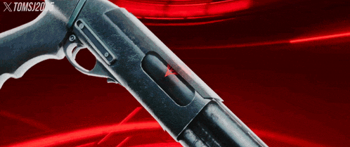 a shotgun is displayed in front of a red background with toms / 20 written on the bottom