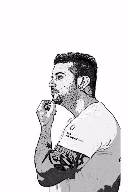 a drawing of a man with a tattoo on his arm is surrounded by red and black circles