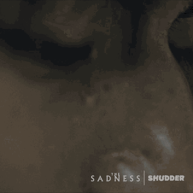 a close up of a person 's face with the words the sadness shudder written below it
