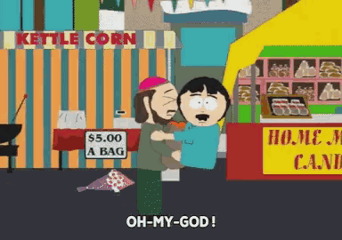a cartoon of a man holding another man in front of a kettle corn stand