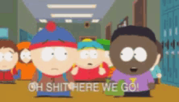 a group of south park characters are standing in a hallway