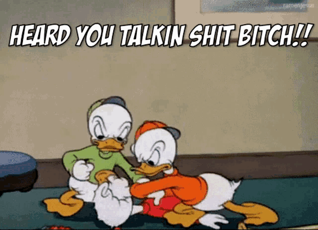 a cartoon of donald duck and daffy duck with the words heard you talkin shit bitch