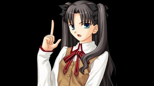 a girl in a school uniform is pointing up