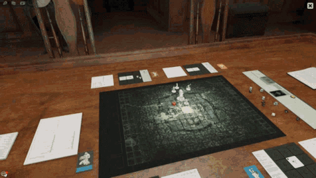 a board game is being played on a wooden table with cards and dice