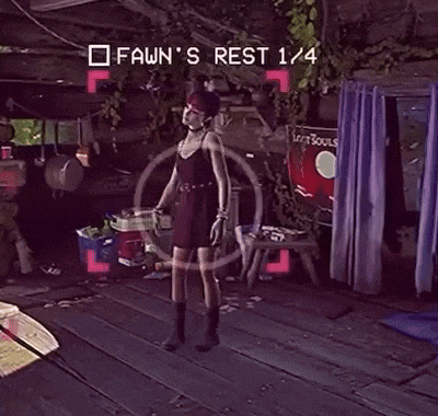 a video game screen shows a woman standing in a room with the words fawn 's rest 1/4