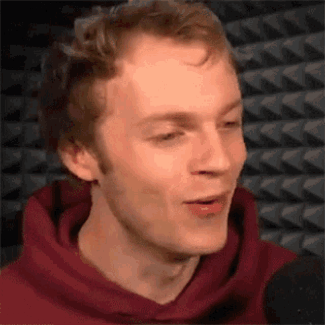 a man in a red hoodie is talking into a microphone in front of a wall .