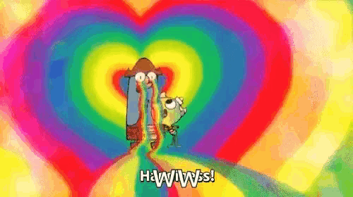a cartoon character is standing next to a dog in front of a rainbow heart .