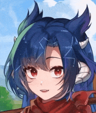 a close up of a girl with blue hair and red eyes .