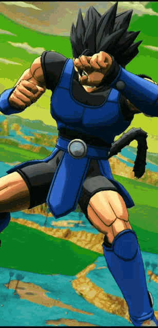 a cartoon character in a blue and black outfit is standing in front of a landscape