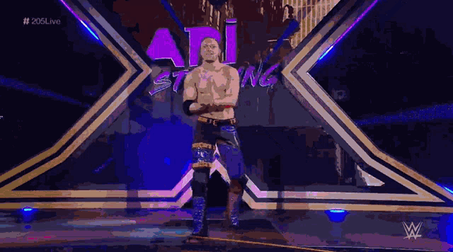 a wrestler is standing in front of a purple sign that says ari strong