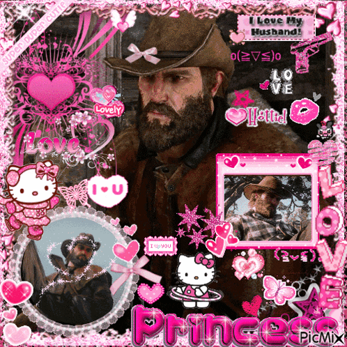 a man in a cowboy hat is surrounded by pink hearts and hello kitty icons
