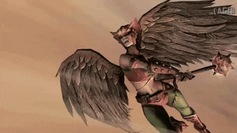 a cartoon of a woman with wings holding a hammer with the word cafe on the bottom right