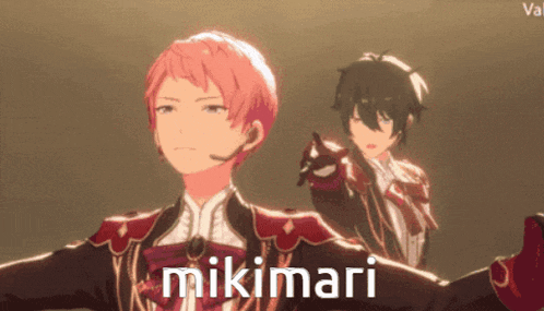 a man with pink hair is standing next to another man with black hair and the name mikimari on the bottom right