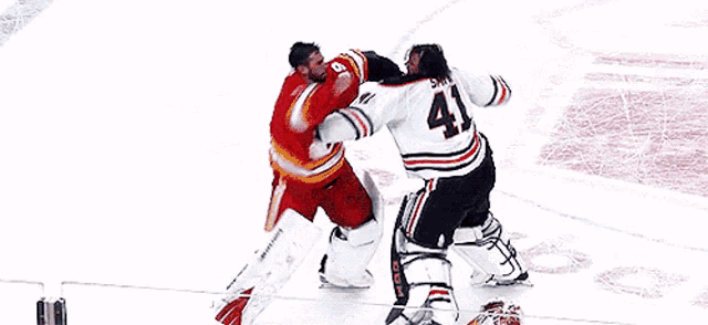 two hockey players are fighting on the ice and one has the number 41 on his jersey