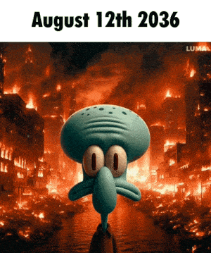 squidward from spongebob is standing in front of a burning city