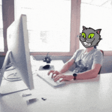 a man with a cat mask on his face is typing on a laptop