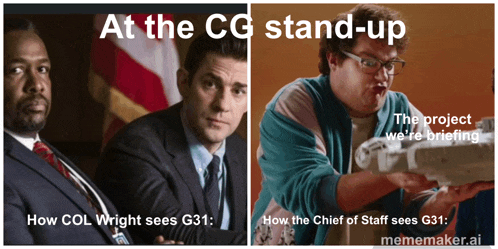 a collage of two images with the caption at the cg stand up