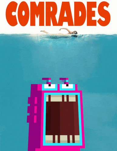 a poster for the movie comrades with a pixelated monster