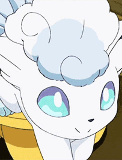 a white cartoon cat with blue eyes and a swirly mane