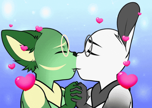 a cartoon drawing of two animals kissing with pink hearts surrounding them