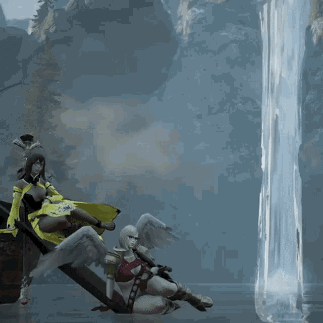 a woman in a yellow dress sits on a rock with a waterfall in the background