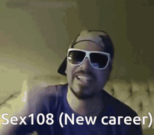 a man wearing sunglasses and a hat with the words sex108 ( new career ) below him