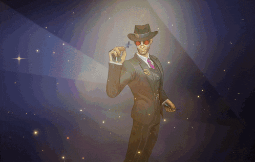 a man in a suit and red sunglasses holds a gun