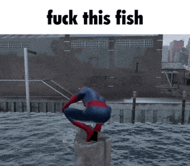 a picture of a man in a spiderman suit with the words " fuck this fish " below him