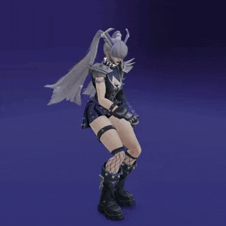 a woman is dancing in a video game with a ponytail and horns .