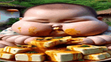 a very fat baby is eating a plate of food with his mouth full .