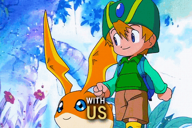 a boy with a backpack is standing next to a small animal that says with us
